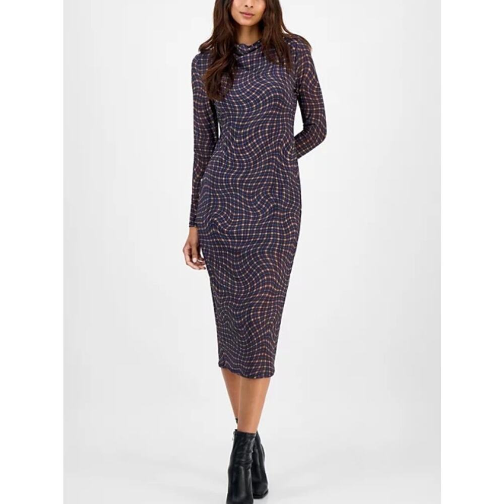 Bar III Women's Mock Neck Printed Mesh Midi Dress Blue Plum Plaid Size XL